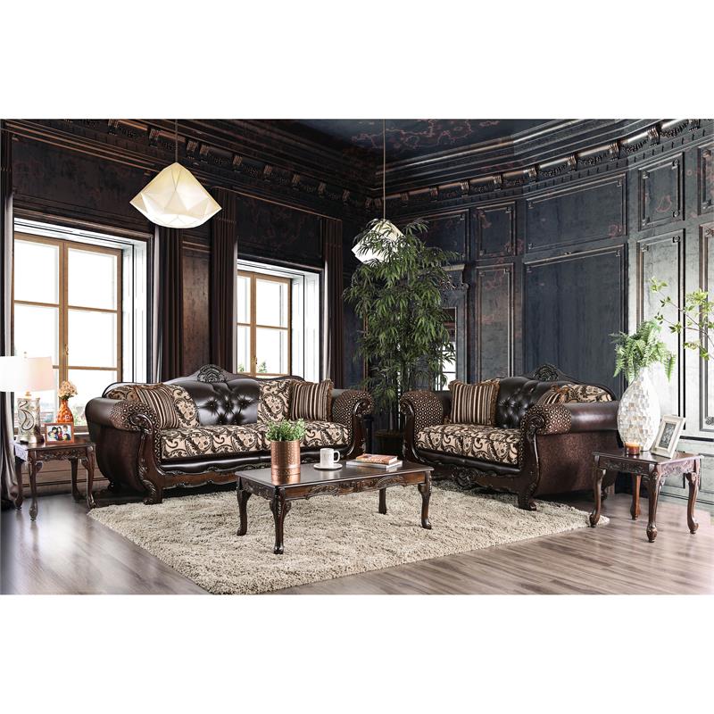 Furniture of America Eli Faux Leather Tufted Sofa in Dark Brown and Brown