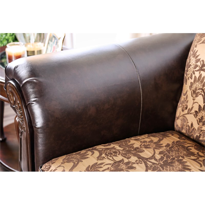Furniture Of America Yva Faux Leather Sofa In Tan And Dark Brown 