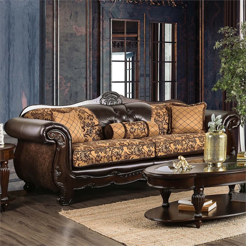 Furniture of America Eli Faux Leather Tufted Sofa in Tan Brown