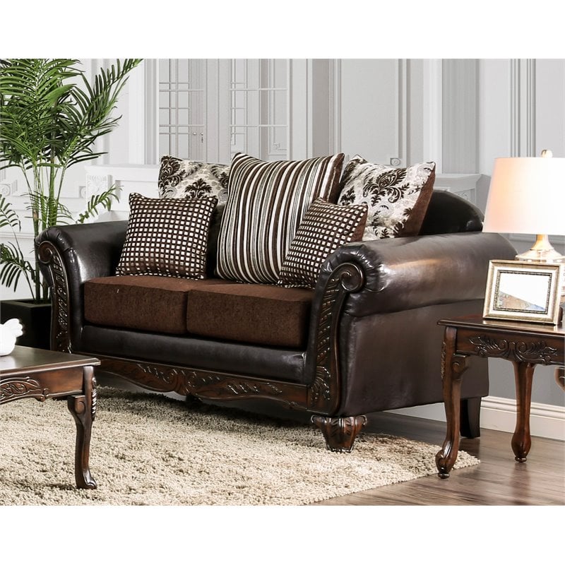 Furniture of America Andra Traditional Faux Leather Loveseat in Brown ...