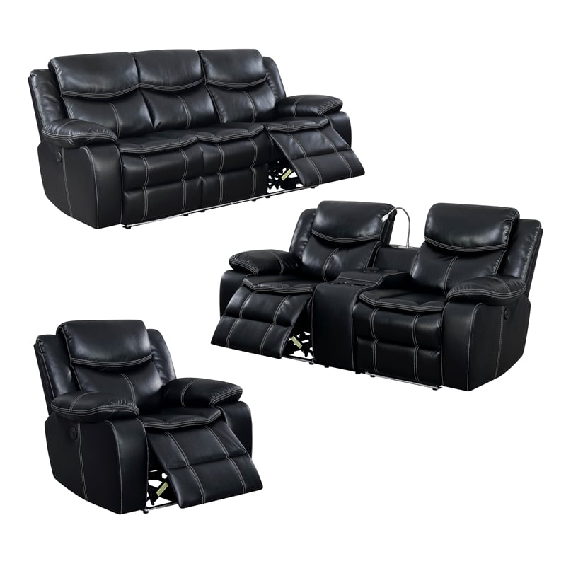 Faux Leather Recliner Sofa Set In Black, Black Leather Recliner Sofa And Chair