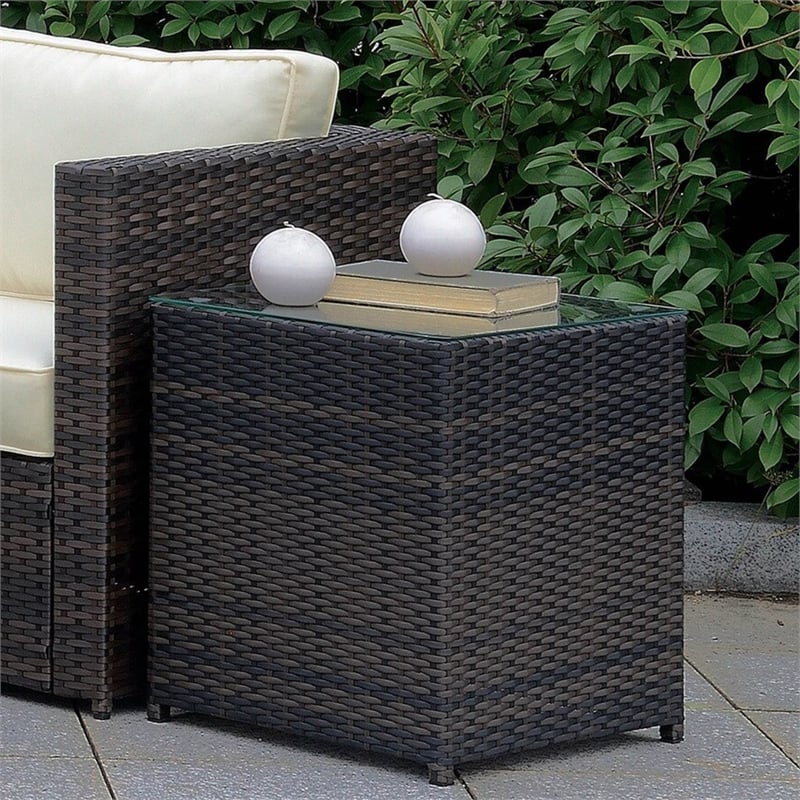 Furniture of America Daley Contemporary Glass Top Patio End Table in Brown