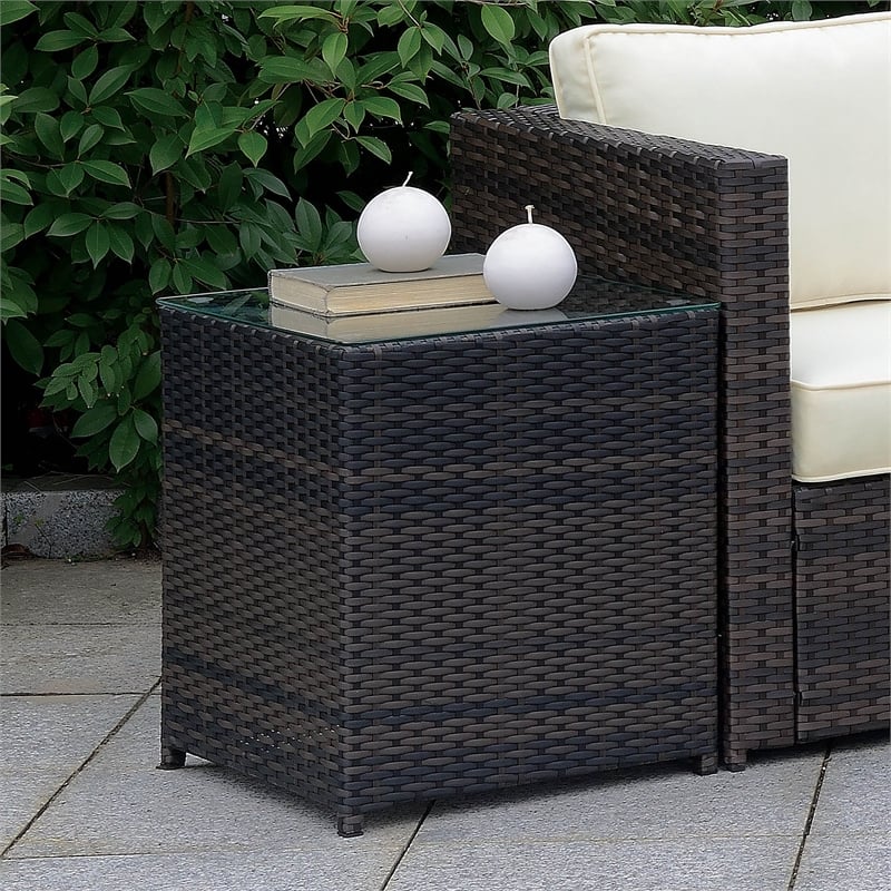 Furniture of America Daley Contemporary Glass Top Patio End Table in Brown