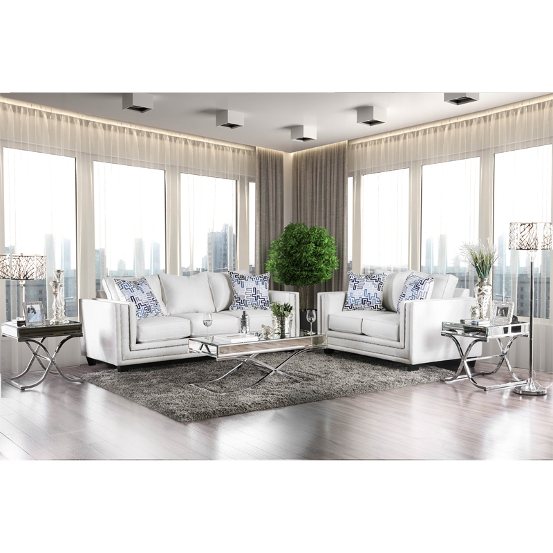 Furniture of America Malden Contemporary Chenille 2-Piece Sofa Set in Ivory