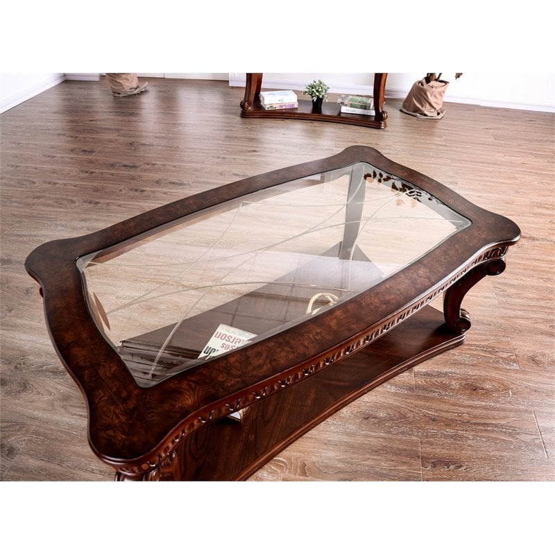 Furniture Of America Gabriel Glass Top Coffee Table In Dark Oak