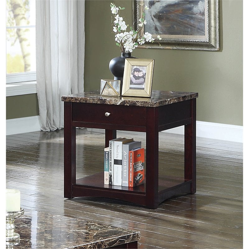 Furniture of America Chad Square Marble Top End Table in Dark Brown