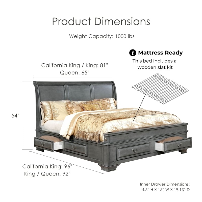 Furniture of America Bradford Wood California King Storage Platform Bed in Gray