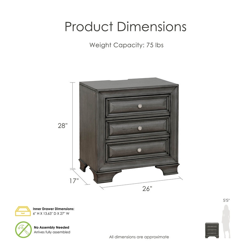 Furniture of America Bradford Solid Wood 3-Drawer Nightstand in Gray