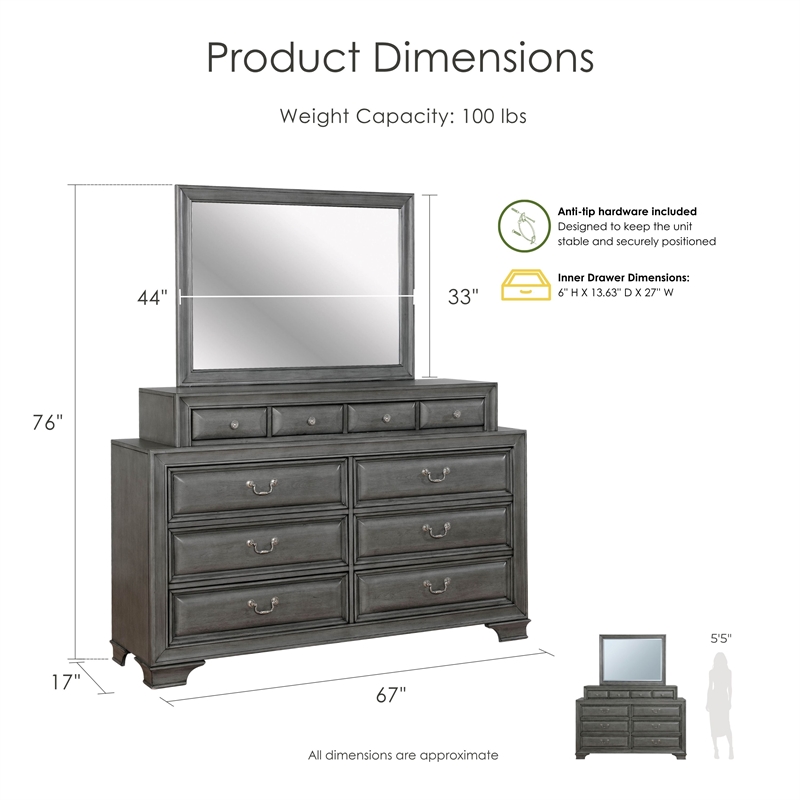Furniture of America Bradford Solid Wood 10-Drawer Dresser and Mirror in Gray
