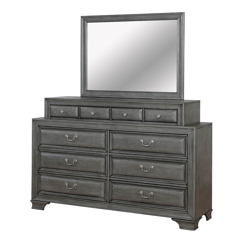 Furniture of America Bradford Solid Wood 10-Drawer Dresser and Mirror in Gray