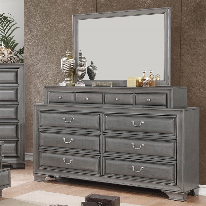 Furniture of America Bradford Solid Wood 10-Drawer Dresser and Mirror in Gray