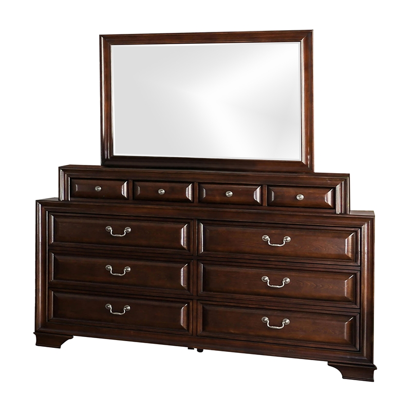 Furniture of America Bradford Solid Wood 10-Drawer Dresser and Mirror in Cherry
