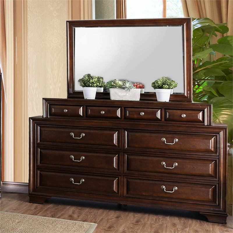 Furniture of America Bradford Solid Wood 10-Drawer Dresser and Mirror in Cherry
