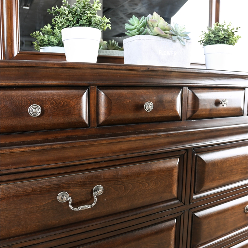 Furniture of America Bradford Solid Wood 10-Drawer Dresser and Mirror in Cherry