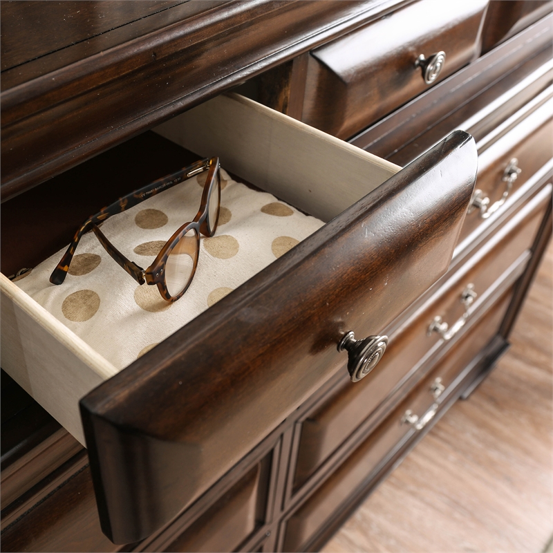 Furniture of America Bradford Solid Wood 10-Drawer Dresser and Mirror in Cherry