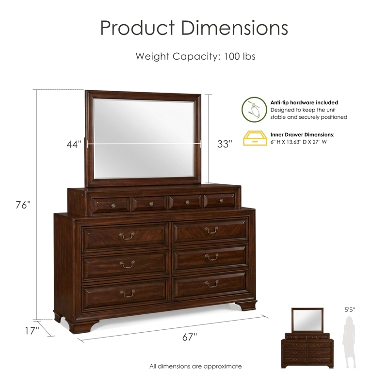 Furniture of America Bradford Solid Wood 10-Drawer Dresser and Mirror in Cherry