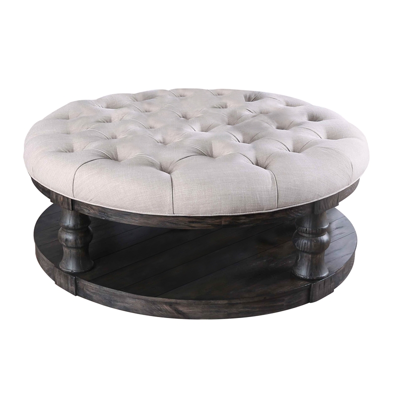 Furniture Of America Joss Rustic Round, Round Tufted Leather Ottoman Coffee Table