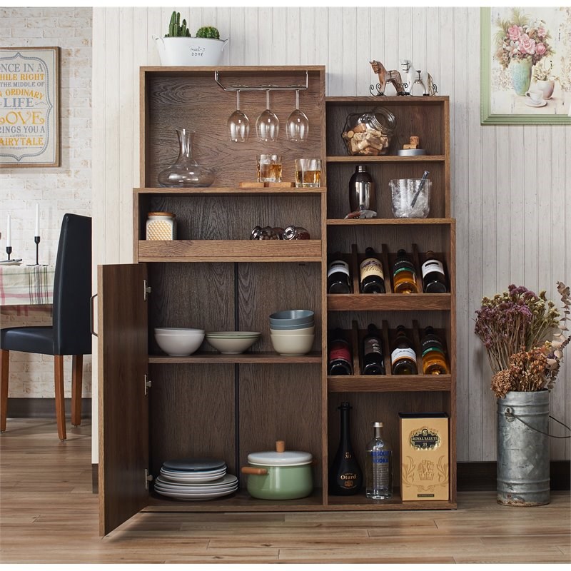 Furniture of America Dillan Wood Multi-Storage Bar Cabinet in Distressed Walnut