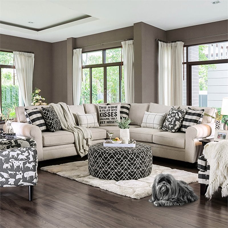 Furniture of America Barol Contemporary Chenille Corner Sectional in Ivory