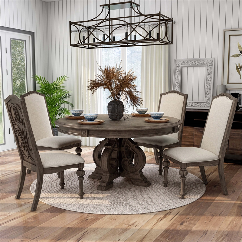Furniture of America Clyde Wood 5-Piece Round Dining Table Set in Natural