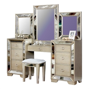 furniture of america celina solid wood 3-piece bedroom vanity set in gold