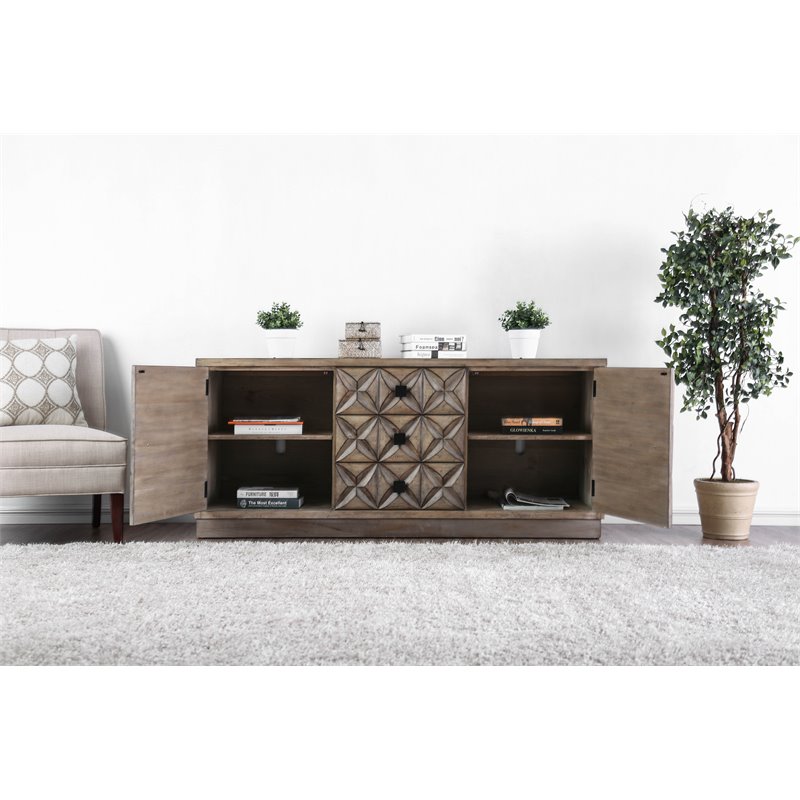 Furniture of America Perry Solid Wood 64-Inch TV Stand in Weathered Light Oak