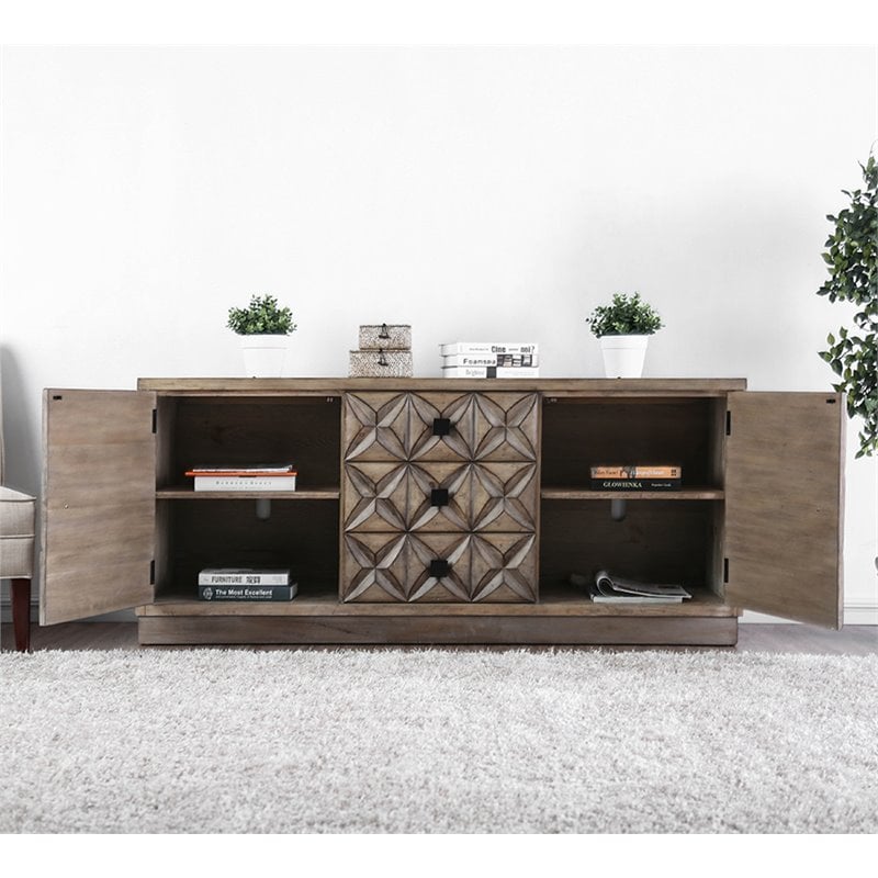 Furniture of America Perry Solid Wood 64-Inch TV Stand in Weathered Light Oak