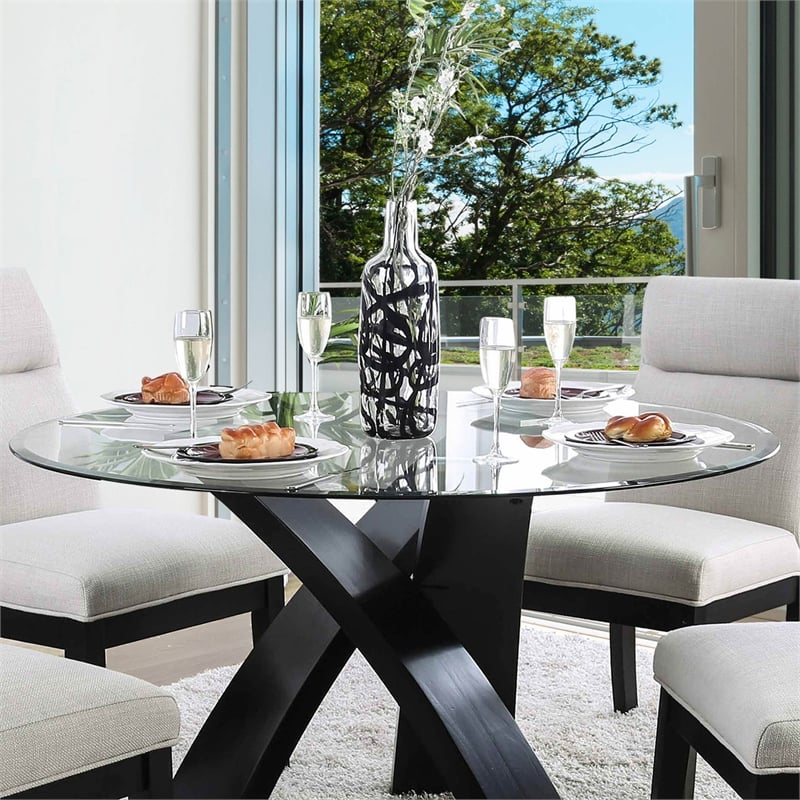 Furniture Of America Andy Modern Glass Top Dining Table In Black, Black Wood Round Dining Table And Chairs