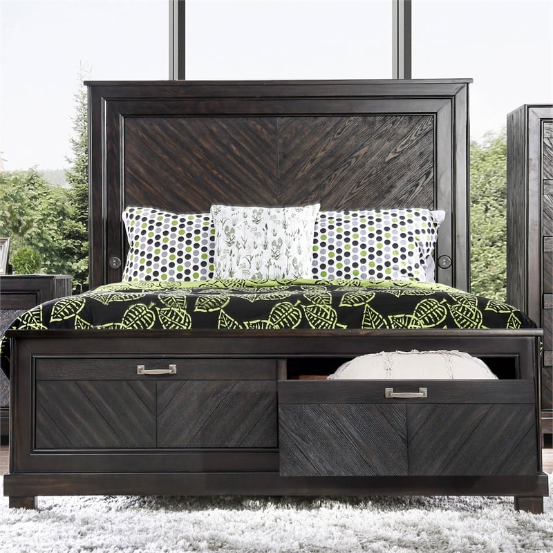 Furniture of America Reauso Solid Wood Storage Queen Bed in Espresso
