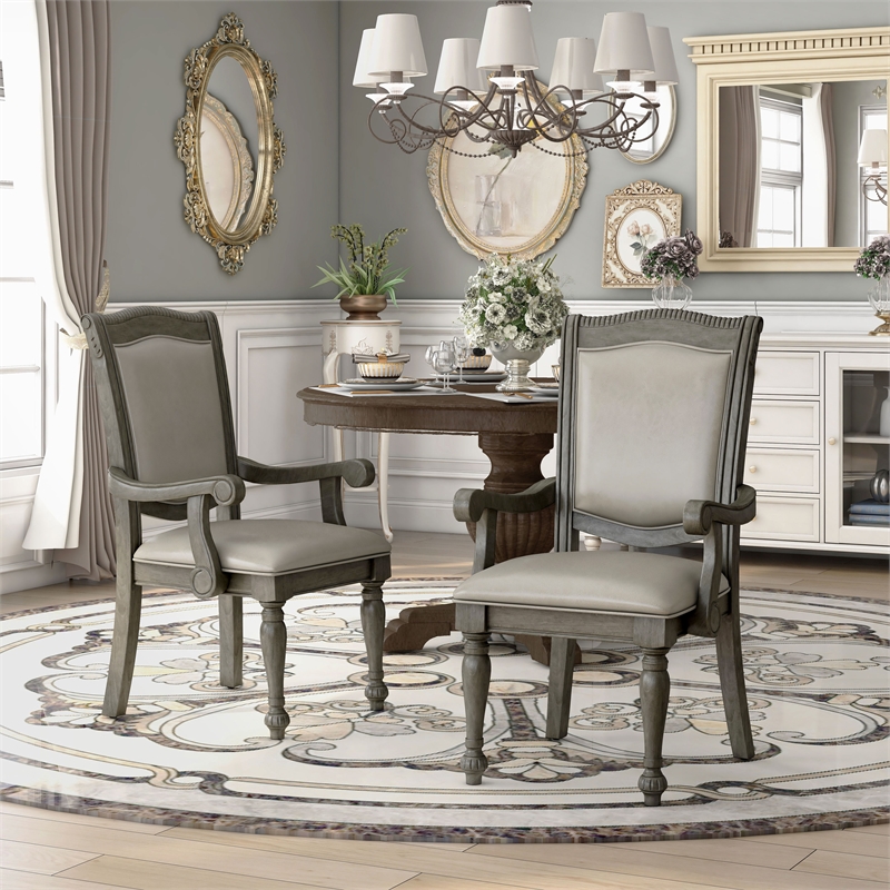 Furniture of America Alstroemeria Gray Faux Leather Dining Arm Chair (Set of 2)