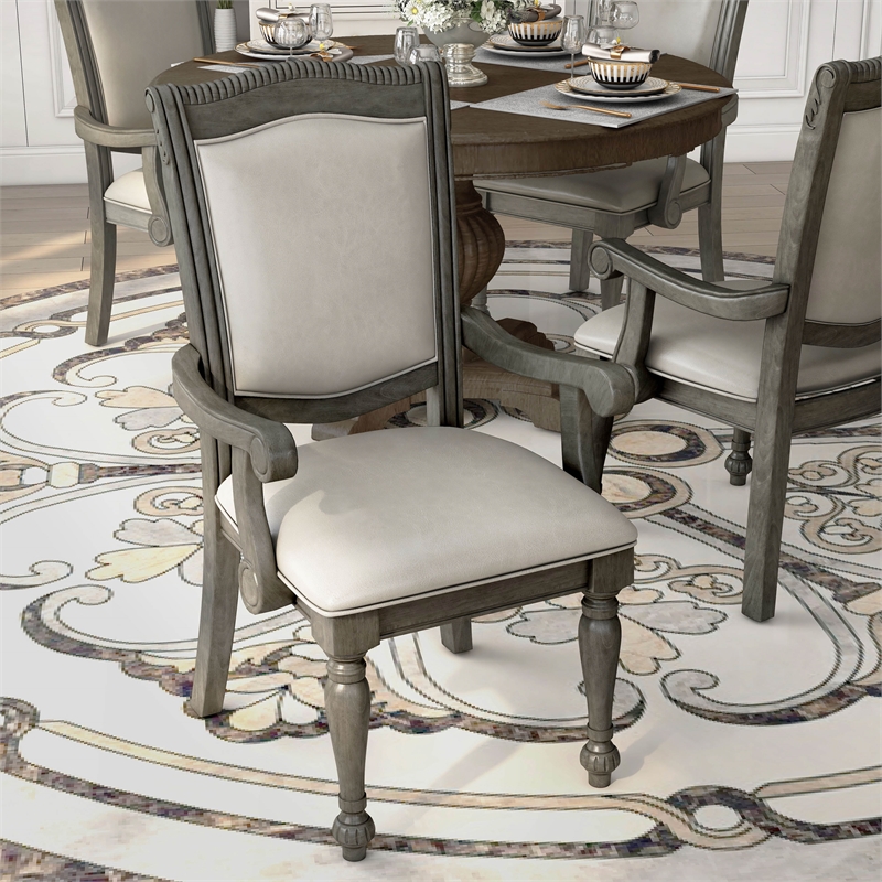 Furniture of America Alstroemeria Gray Faux Leather Dining Arm Chair (Set of 2)