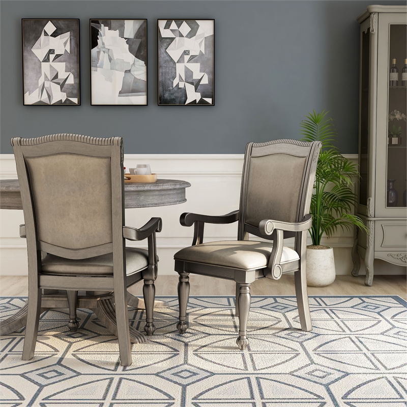Furniture of America Alstroemeria Gray Faux Leather Dining Arm Chair (Set of 2)
