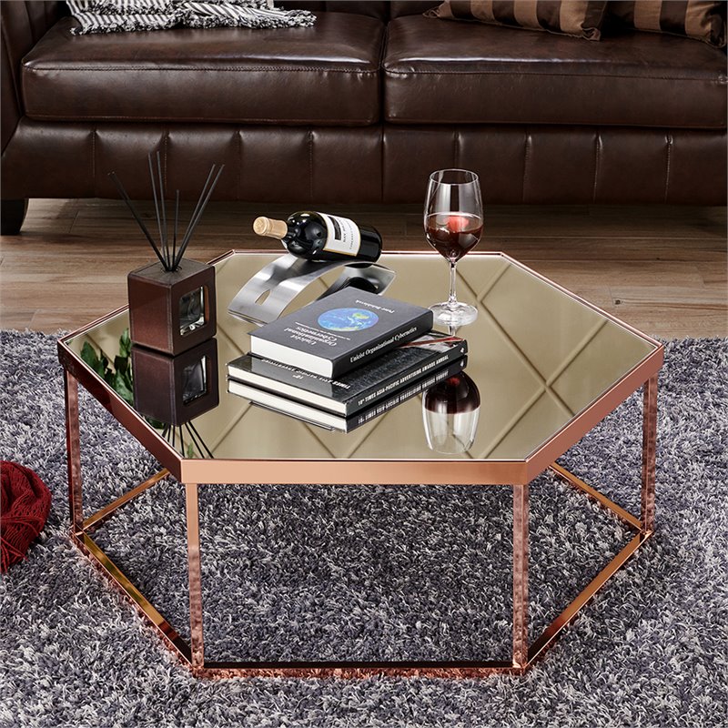 America Valor Glass Top Coffee Table, Rose Gold Hexagon Coffee Table