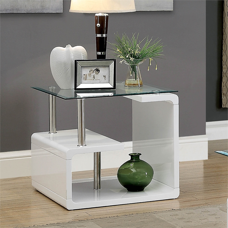 Furniture of America Velencia Glass Geometric End Table in Glossy White