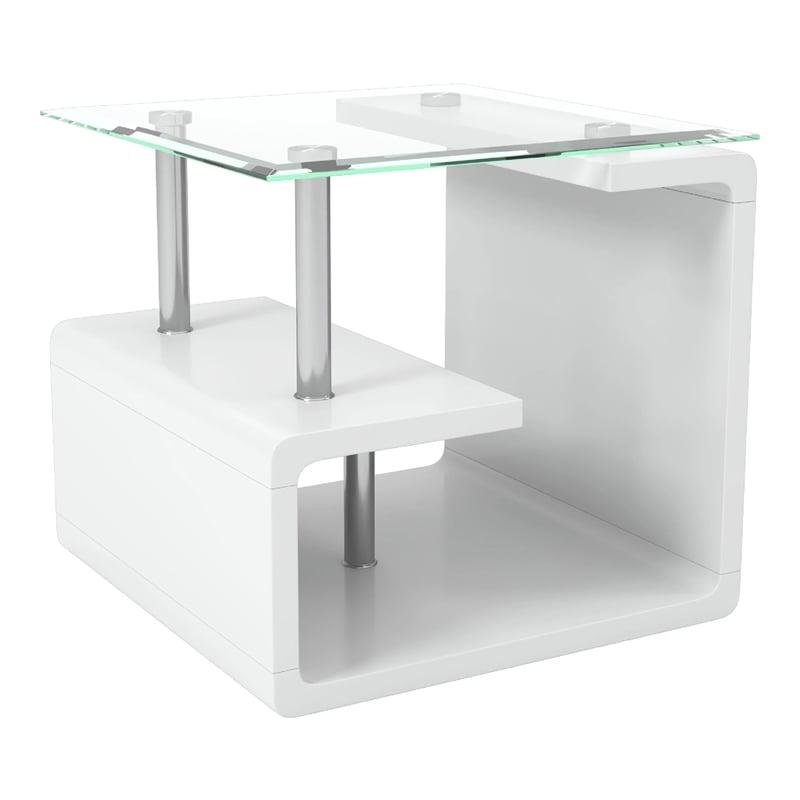 Furniture of America Velencia Glass Geometric End Table in Glossy White