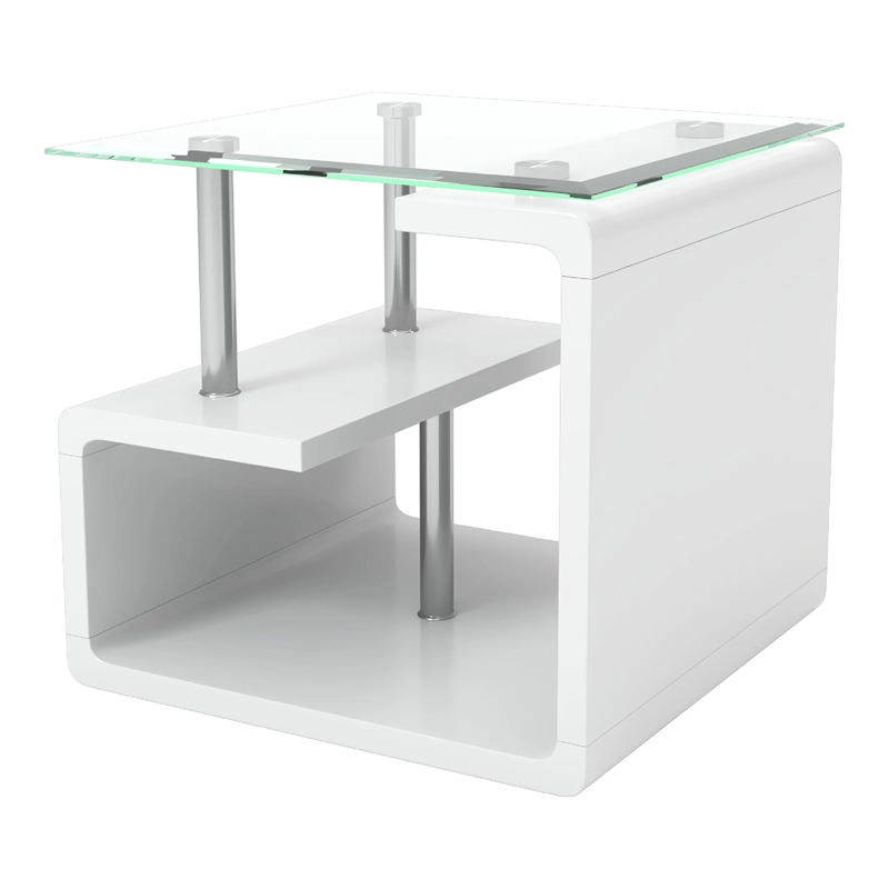 Furniture of America Velencia Glass Geometric End Table in Glossy White