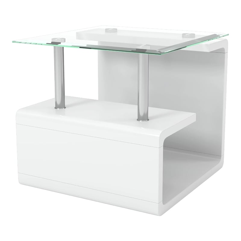 Furniture of America Velencia Glass Geometric End Table in Glossy White