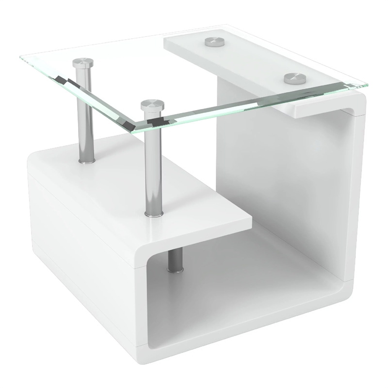 Furniture of America Velencia Glass Geometric End Table in Glossy White