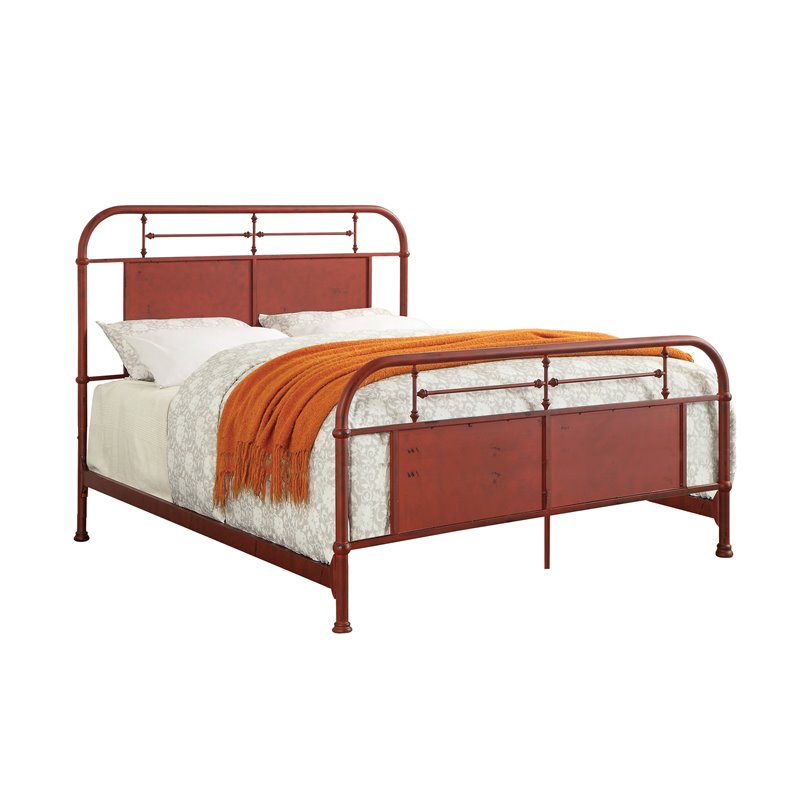Furniture of America Trinket Metal Queen Bed in Distressed Red Cymax