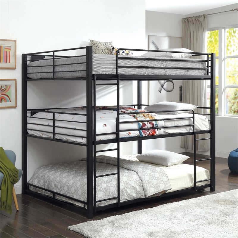 Furniture of America Botany Metal Queen Triple Bunk Bed in Sand Black
