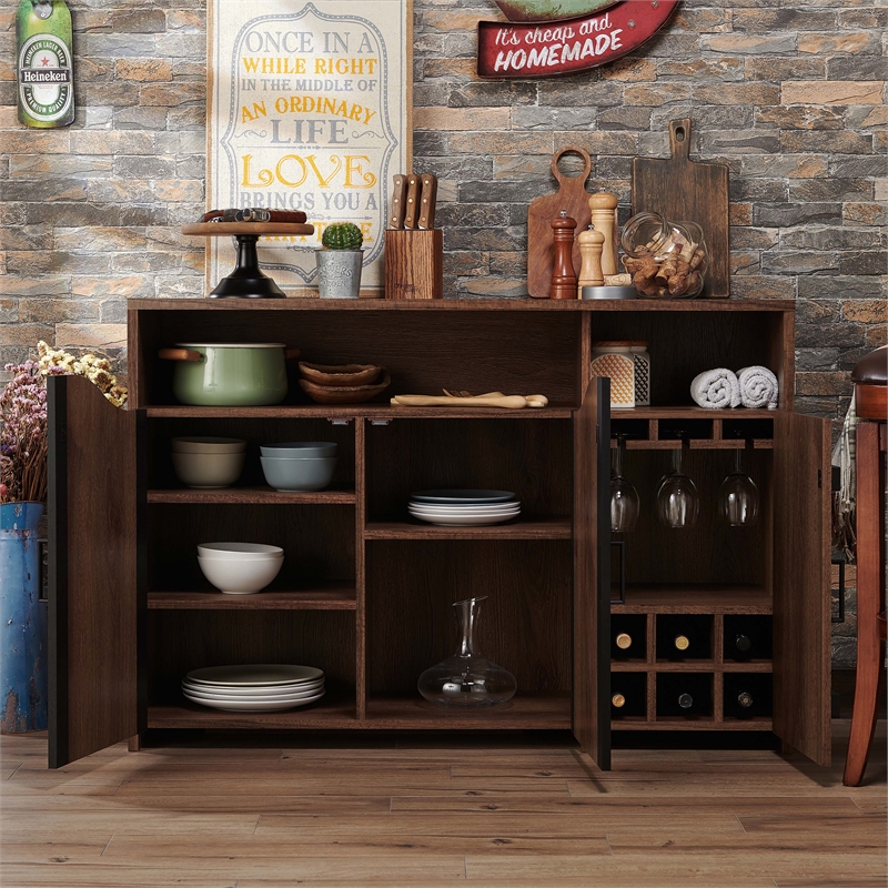 Furniture of America Helen Farmhouse Wood 6-Shelf Buffet in Distressed Walnut