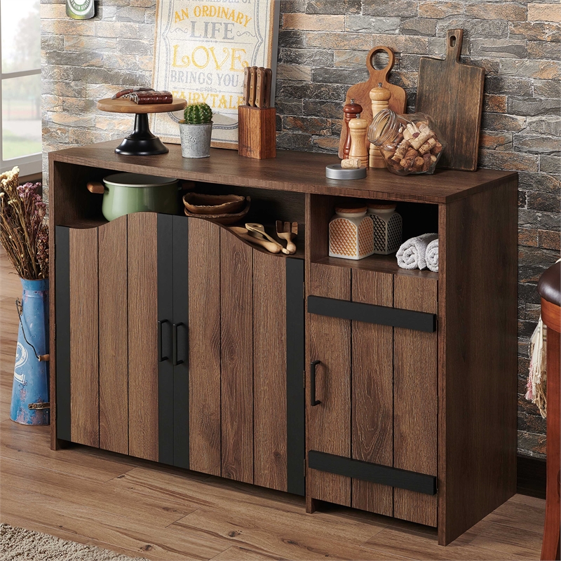 Furniture of America Helen Farmhouse Wood 6-Shelf Buffet in Distressed Walnut