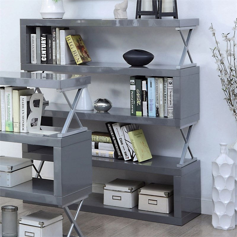 Furniture of America Sheena Contemporary Wood 5-Shelf Bookcase in Glossy Gray