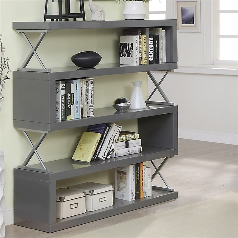 Furniture of America Sheena Contemporary Wood 5-Shelf Bookcase in Glossy Gray