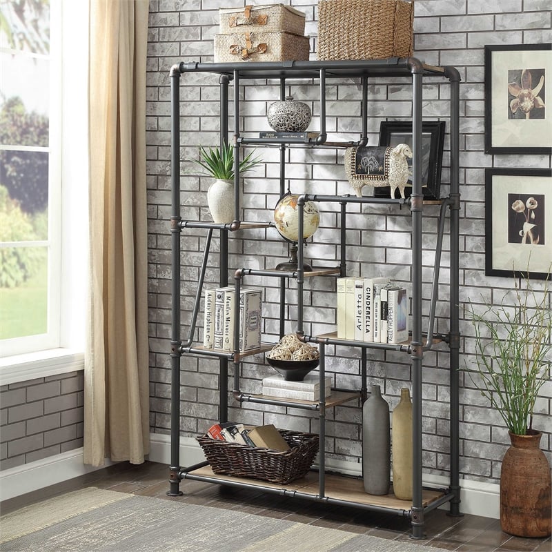 Furniture of America Alvin Industrial Metal 8-Shelf Bookcase in Sand Black