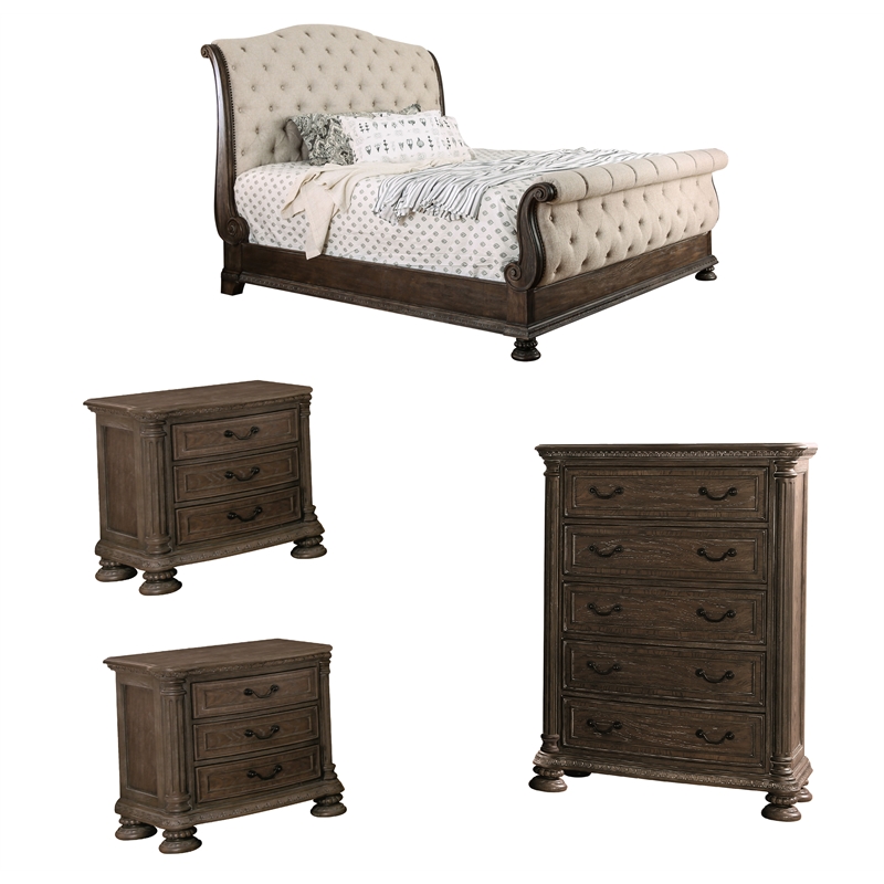 Furniture of America Kai 4-Piece Tufted Queen Sleigh Bed Set