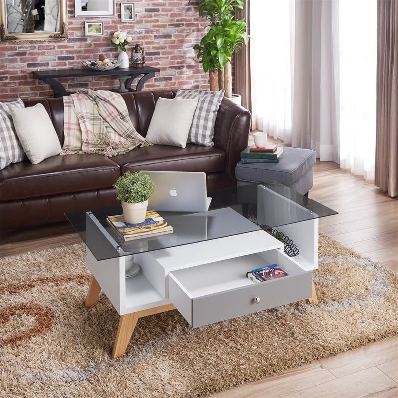 Furniture of America Lana Mid-Century Glass Top Coffee Table in Gray