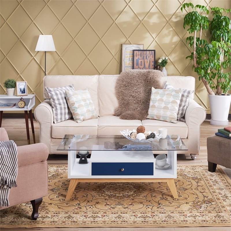 Furniture of America Lana Mid-Century Glass Top Coffee Table in Navy