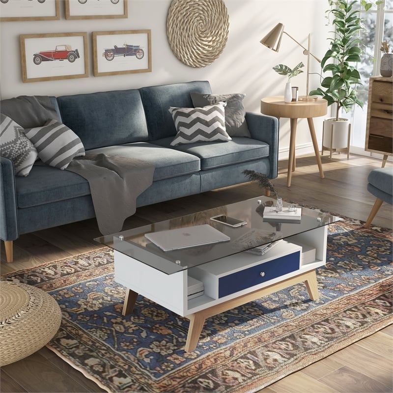 Furniture of America Lana Mid-Century Glass Top Coffee Table in Navy