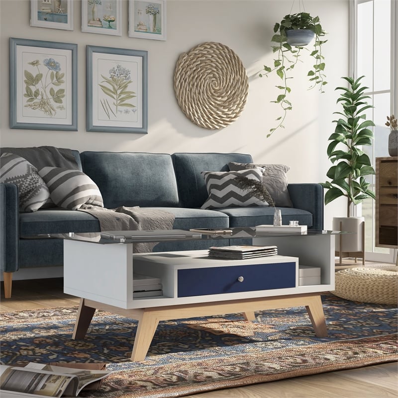 Furniture of America Lana Mid-Century Glass Top Coffee Table in Navy